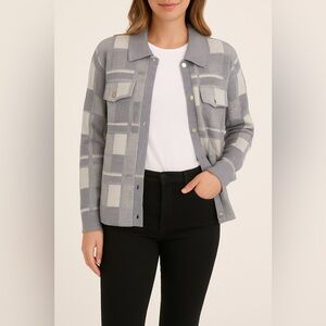 Sinoni Gray White Plaid Shacket Women’s XL |‎ Button Front Long Sleeve Jacket